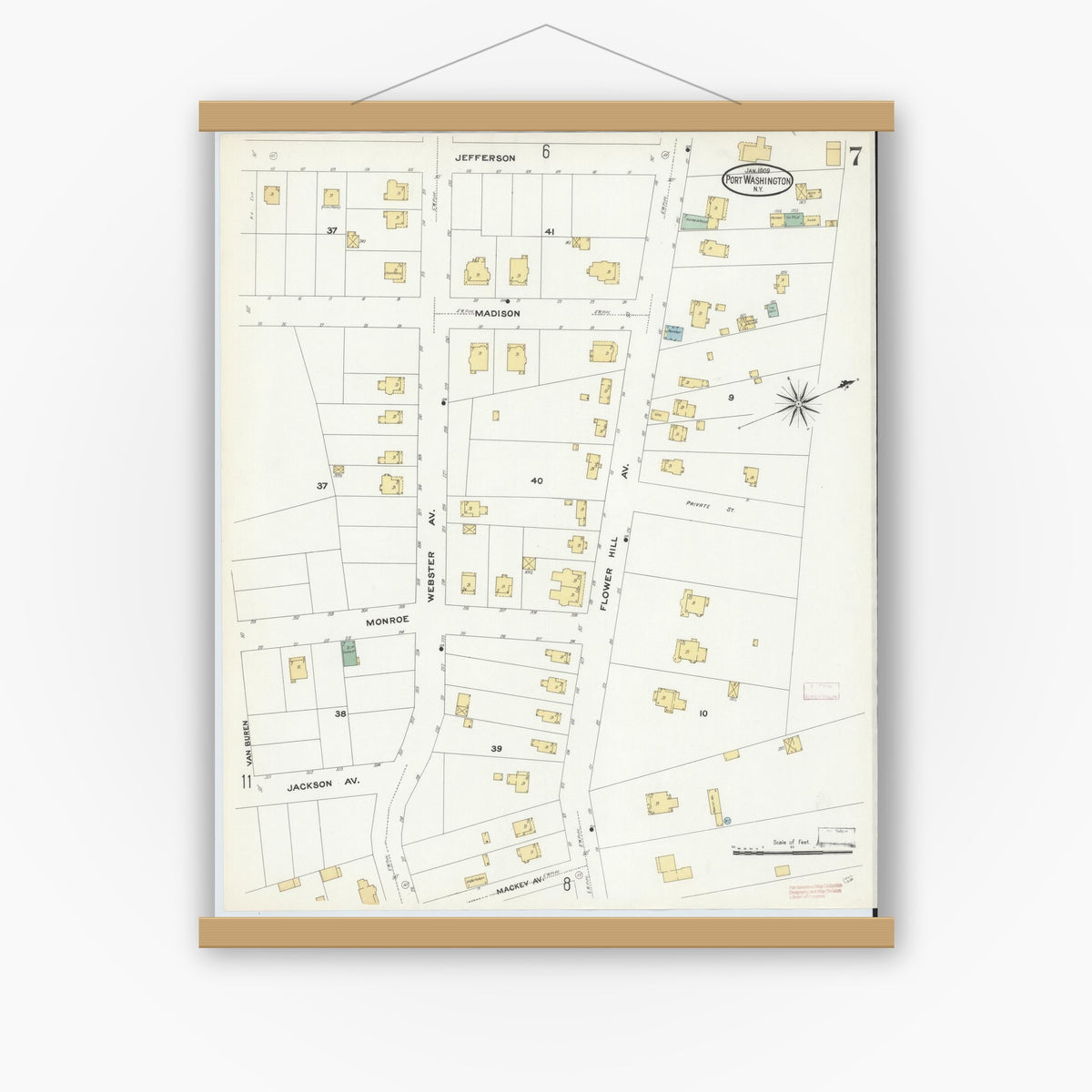 Old map wall art mockup — magnetic wood frame on white wall — Sanborn Fire Insurance Map from Port Washington, Nassau County, New York (1909), Sheet #0007