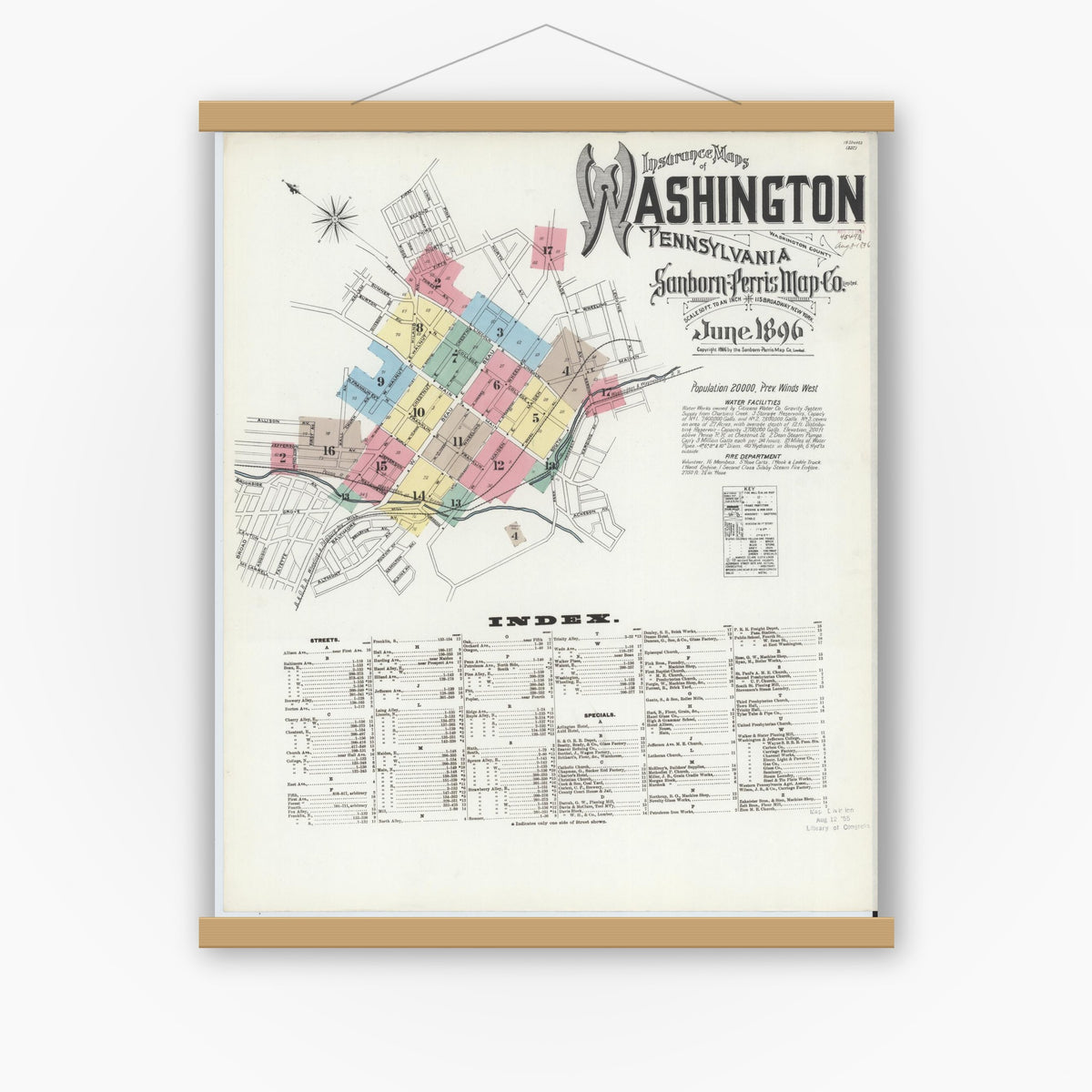 Old map wall art mockup — magnetic wood frame on white wall — Sanborn Fire Insurance Map from Washington, Washington County, Pennsylvania (1896), Sheet #0001