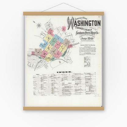 Old map wall art mockup — magnetic wood frame on white wall — Sanborn Fire Insurance Map from Washington, Washington County, Pennsylvania (1896), Sheet #0001