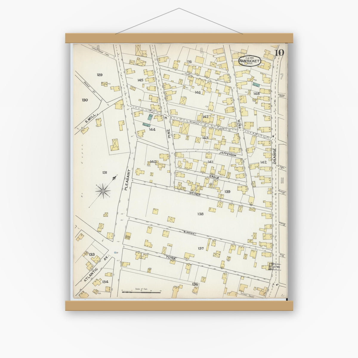 Old map wall art mockup — magnetic wood frame on white wall — Sanborn Fire Insurance Map from Nantucket, Nantucket County, Massachusetts (1892), Sheet #0010
