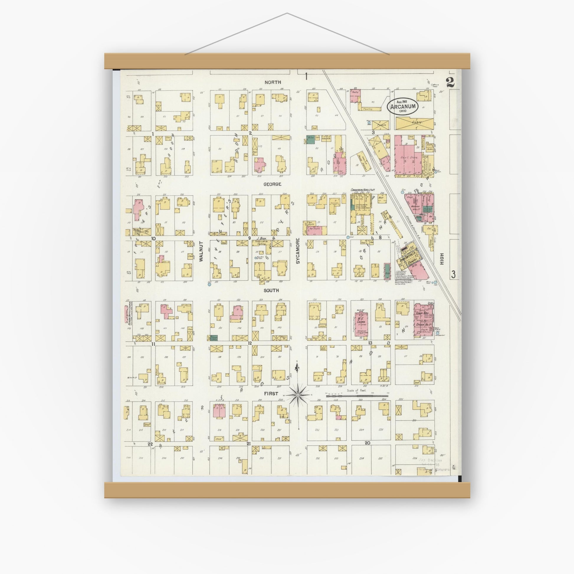Old map wall art mockup — magnetic wood frame on white wall — Sanborn Fire Insurance Map from Arcanum, Darke County, Ohio (1901), Sheet #0002