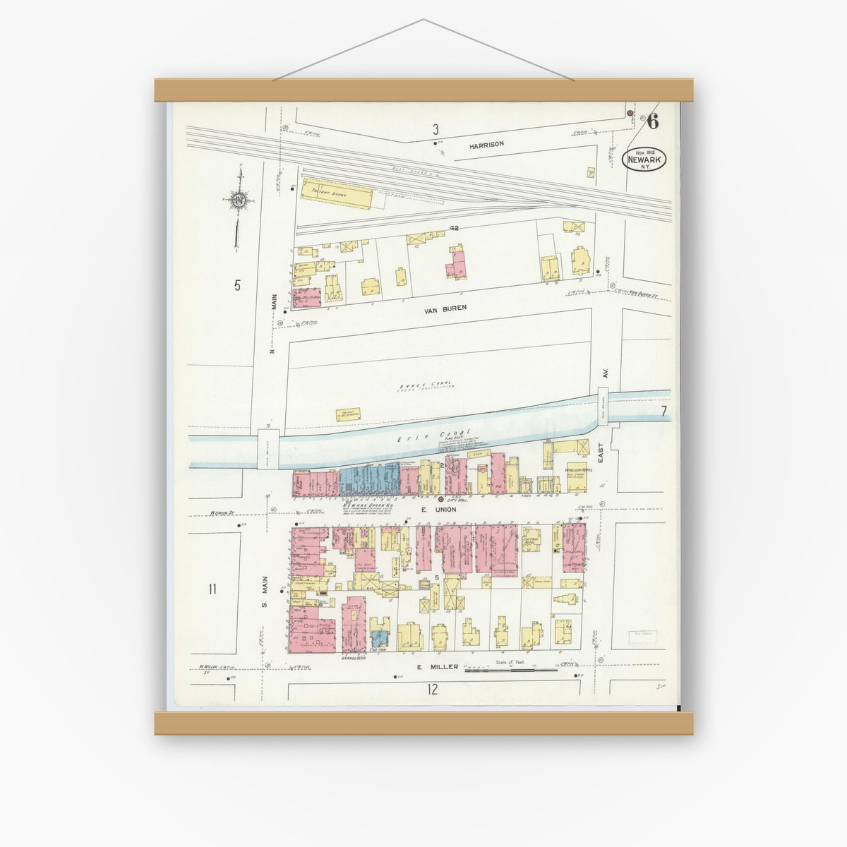 Old map wall art mockup — magnetic wood frame on white wall — Sanborn Fire Insurance Map from Newark, Wayne County, New York (1912), Sheet #0006