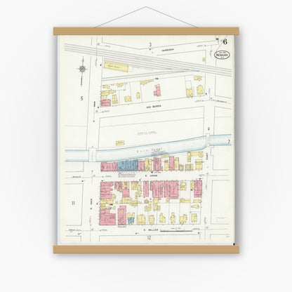 Old map wall art mockup — magnetic wood frame on white wall — Sanborn Fire Insurance Map from Newark, Wayne County, New York (1912), Sheet #0006