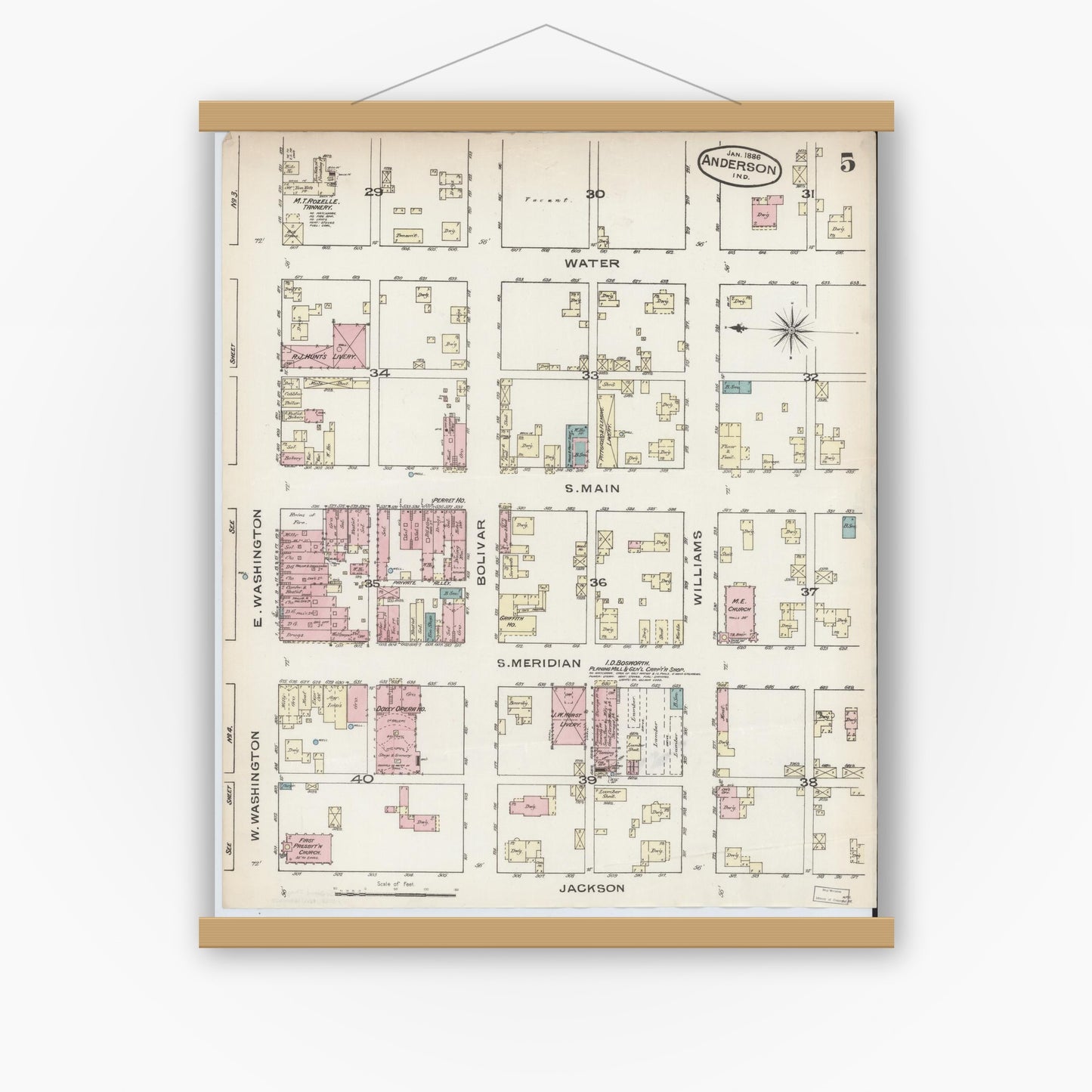 Old map wall art mockup — magnetic wood frame on white wall — Sanborn Fire Insurance Map from Anderson, Madison County, Indiana (1886), Sheet #0005