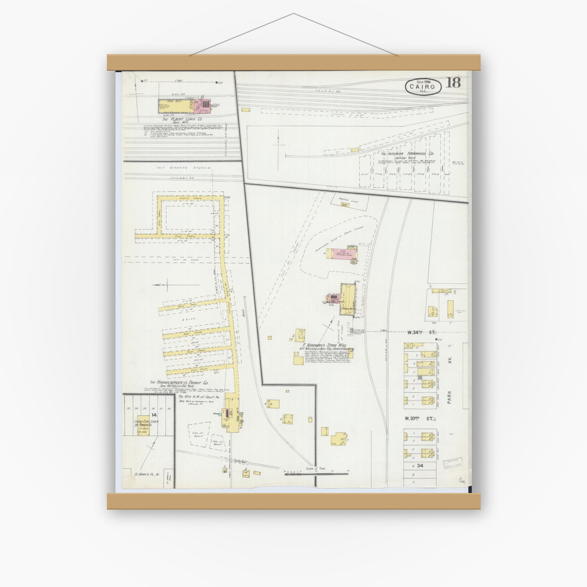 Old map wall art mockup — magnetic wood frame on white wall — Sanborn Fire Insurance Map from Cairo, Alexander County, Illinois (1896), Sheet #0018
