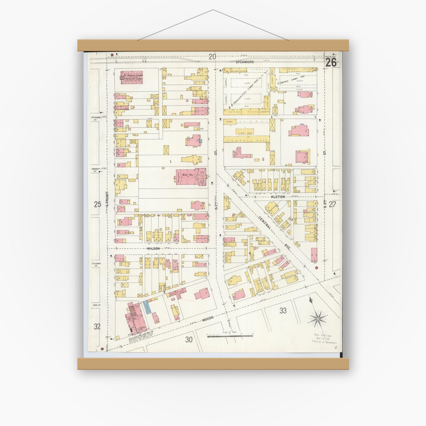 Old map wall art mockup — magnetic wood frame on white wall — Sanborn Fire Insurance Map from Hamilton, Butler County, Ohio (1899), Sheet #0026
