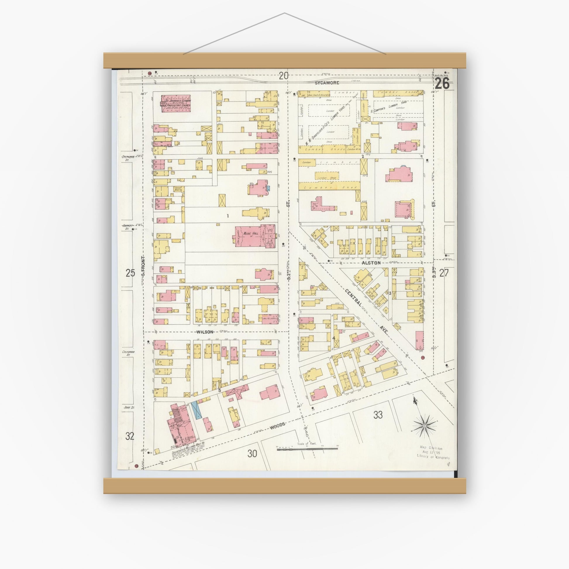 Old map wall art mockup — magnetic wood frame on white wall — Sanborn Fire Insurance Map from Hamilton, Butler County, Ohio (1899), Sheet #0026