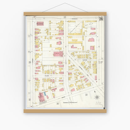 Old map wall art mockup — magnetic wood frame on white wall — Sanborn Fire Insurance Map from Hamilton, Butler County, Ohio (1899), Sheet #0026