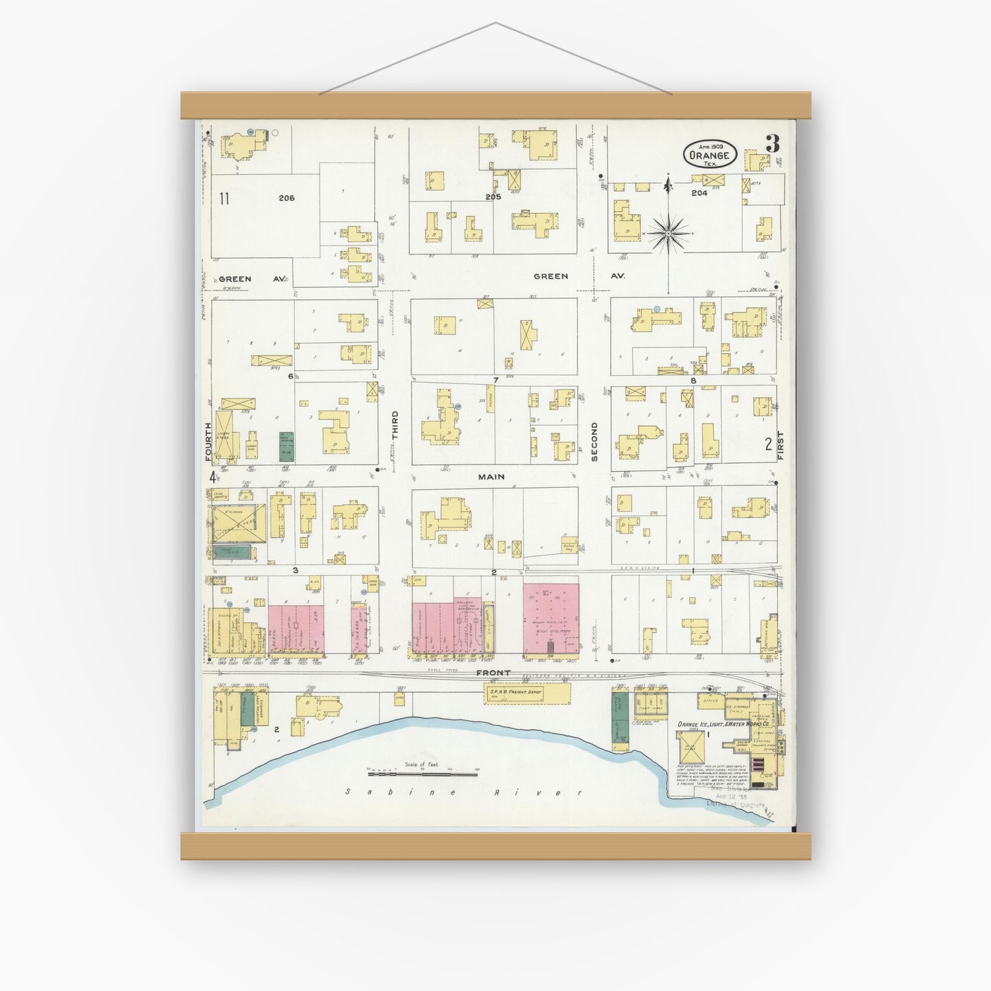 Old map wall art mockup — magnetic wood frame on white wall — Sanborn Fire Insurance Map from Orange, Orange County, Texas (1909), Sheet #0003