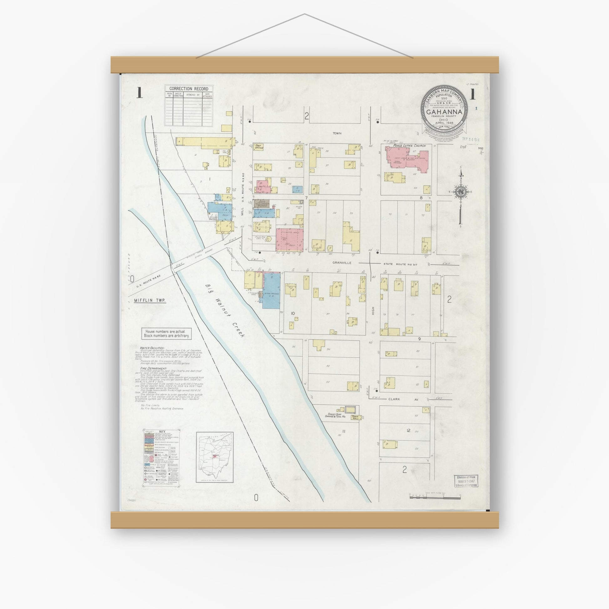 Old map wall art mockup — magnetic wood frame on white wall — Sanborn Fire Insurance Map from Gahanna, Franklin County, Ohio (1946), Sheet #0001