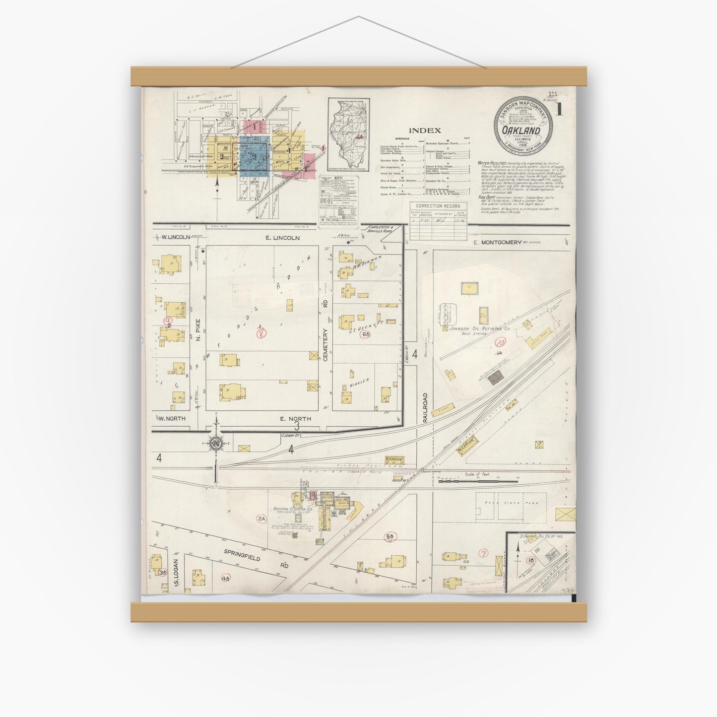 Old map wall art mockup — magnetic wood frame on white wall — Sanborn Fire Insurance Map from Oakland, Coles County, Illinois (1932) - Complete Map Set