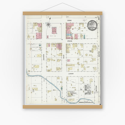 Old map wall art mockup — magnetic wood frame on white wall — Sanborn Fire Insurance Map from Huntsville, Walker County, Texas (1891), Sheet #0001