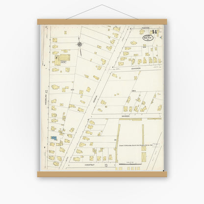 Old map wall art mockup — magnetic wood frame on white wall — Sanborn Fire Insurance Map from Bath, Steuben County, New York (1915), Sheet #0014