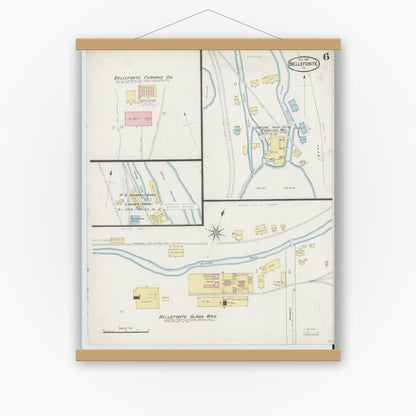 Old map wall art mockup — magnetic wood frame on white wall — Sanborn Fire Insurance Map from Bellefonte, Centre County, Pennsylvania (1887), Sheet #0006