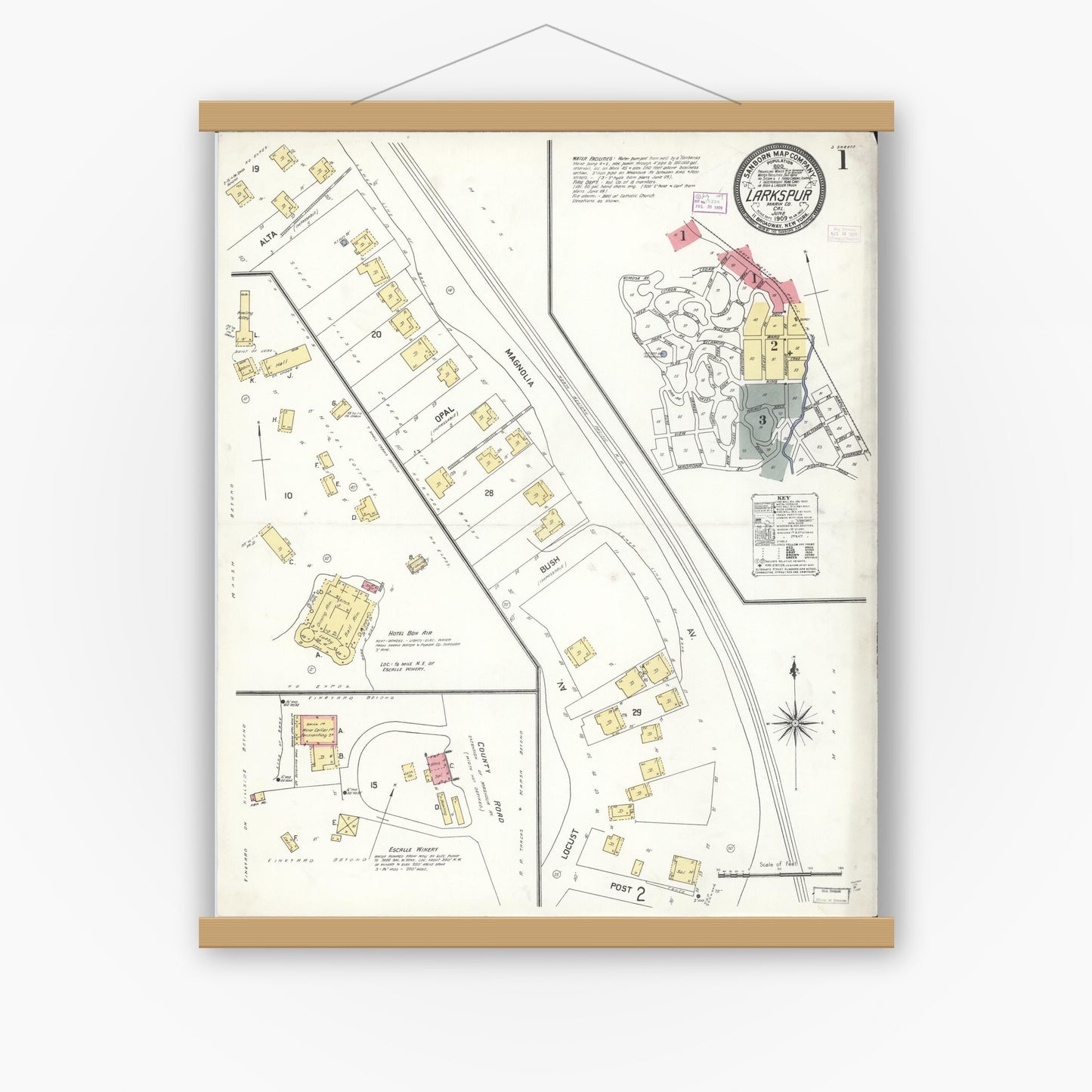 Old map wall art mockup — magnetic wood frame on white wall — Sanborn Fire Insurance Map from Larkspur, Marin County, California (1909), Sheet #0001