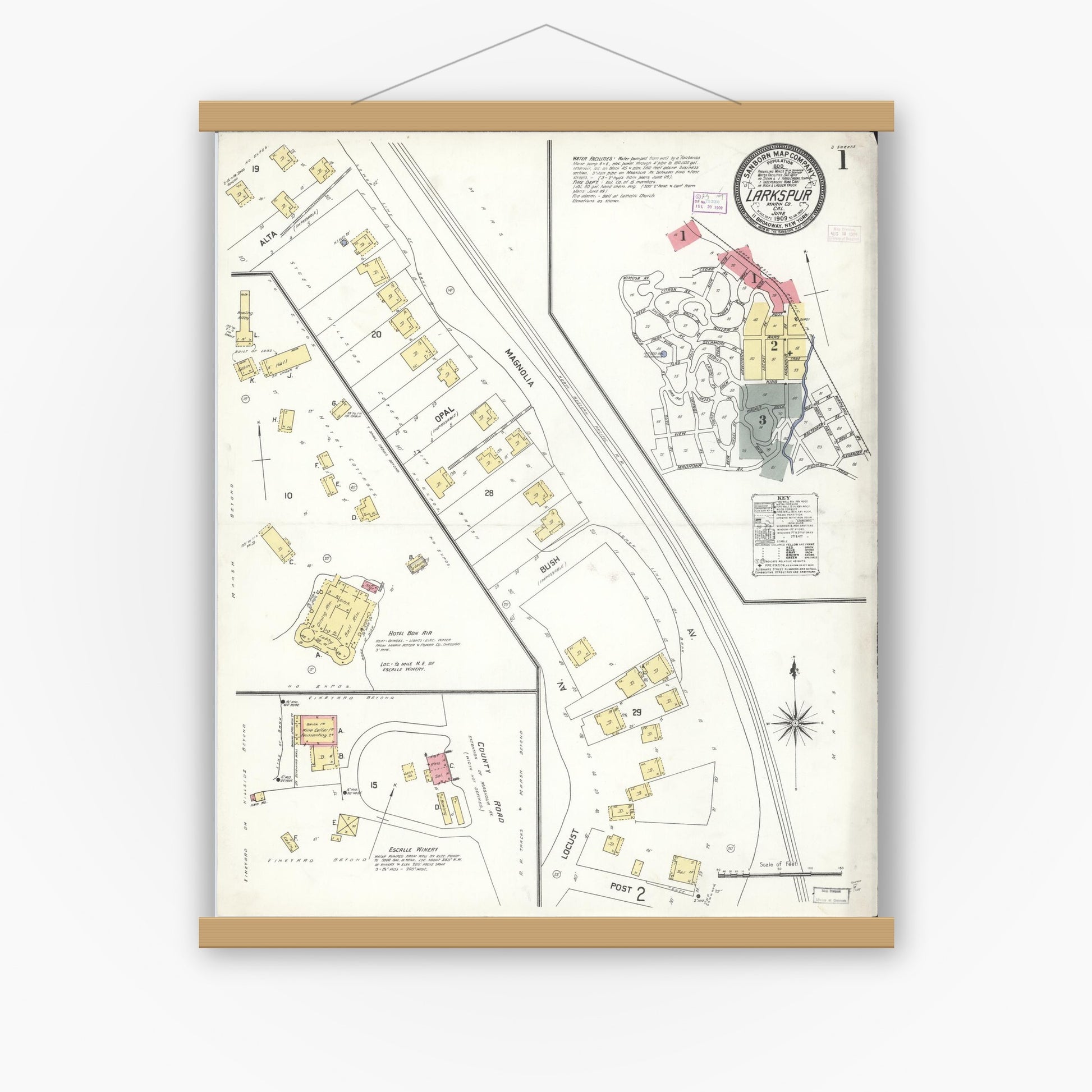 Old map wall art mockup — magnetic wood frame on white wall — Sanborn Fire Insurance Map from Larkspur, Marin County, California (1909), Sheet #0001