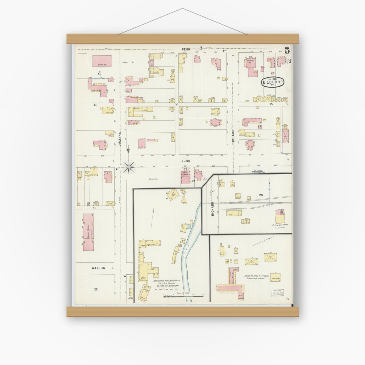 Old map wall art mockup — magnetic wood frame on white wall — Sanborn Fire Insurance Map from Bedford, Bedford County, Pennsylvania (1896), Sheet #0005