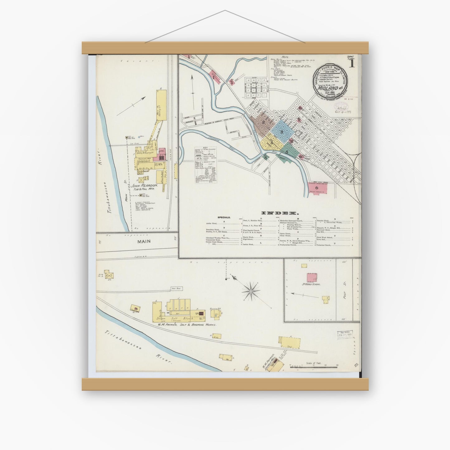 Old map wall art mockup — magnetic wood frame on white wall — Sanborn Fire Insurance Map from Midland, Midland County, Michigan (1893) - Complete Map Set