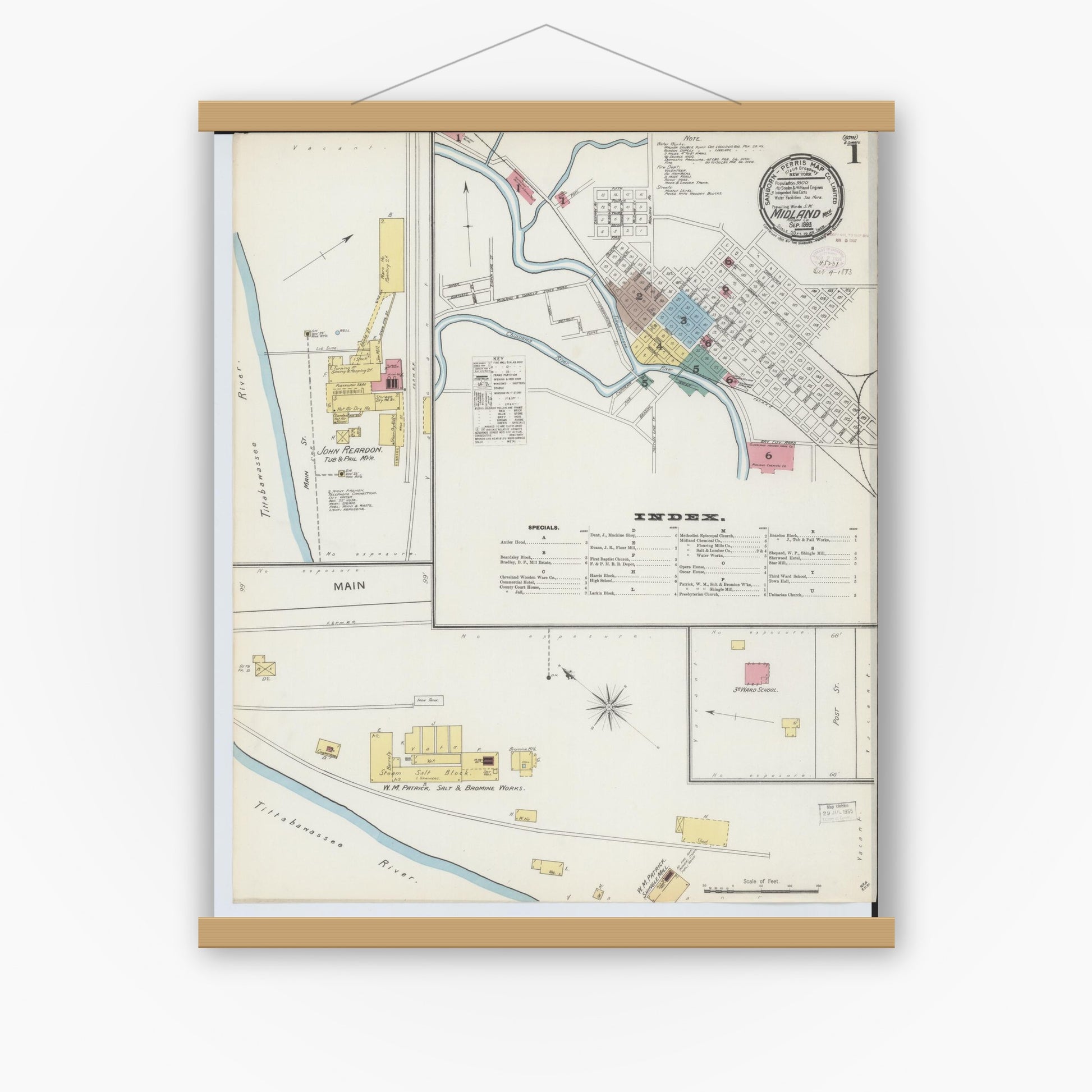 Old map wall art mockup — magnetic wood frame on white wall — Sanborn Fire Insurance Map from Midland, Midland County, Michigan (1893) - Complete Map Set