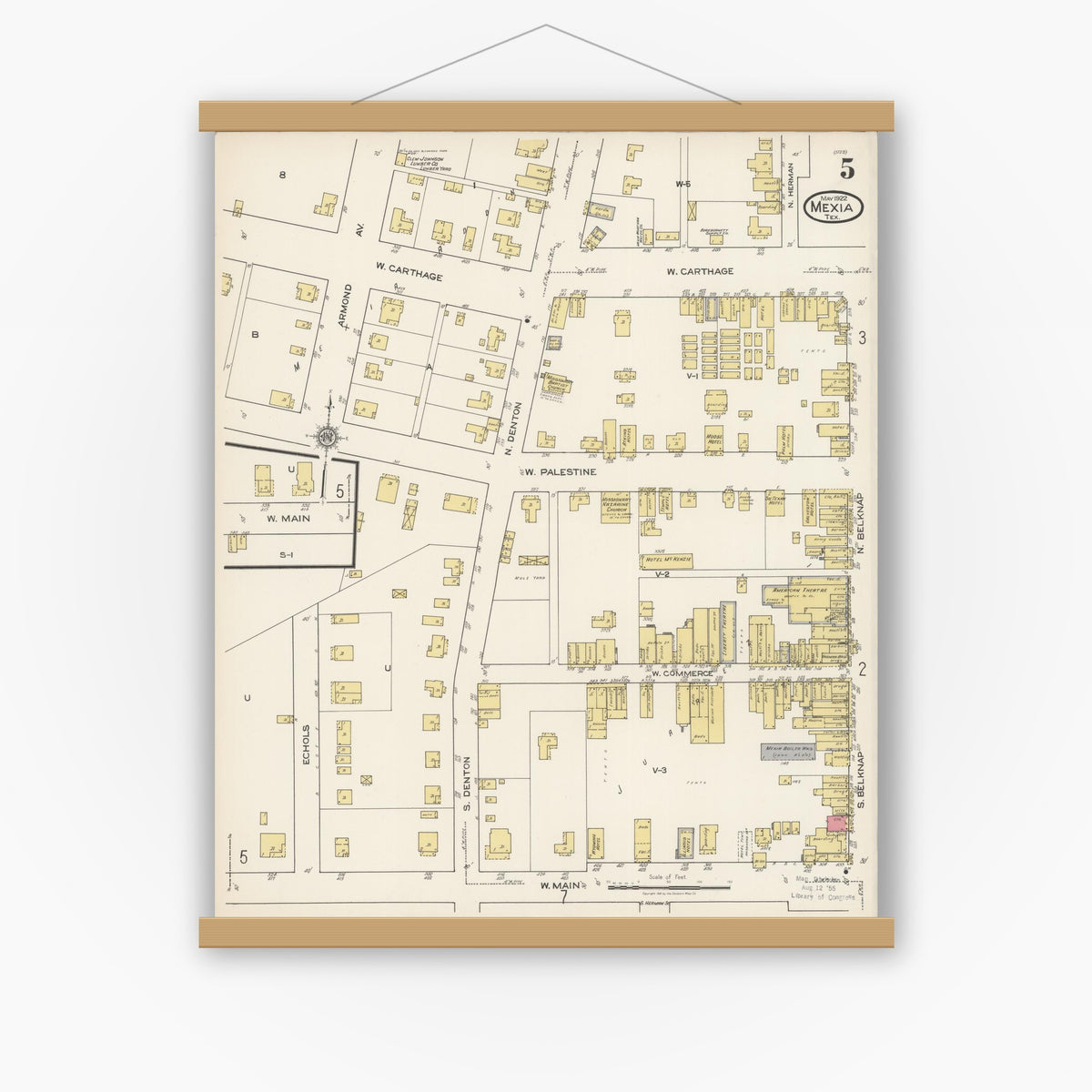 Old map wall art mockup — magnetic wood frame on white wall — Sanborn Fire Insurance Map from Mexia, Limestone County, Texas (1922), Sheet #0005