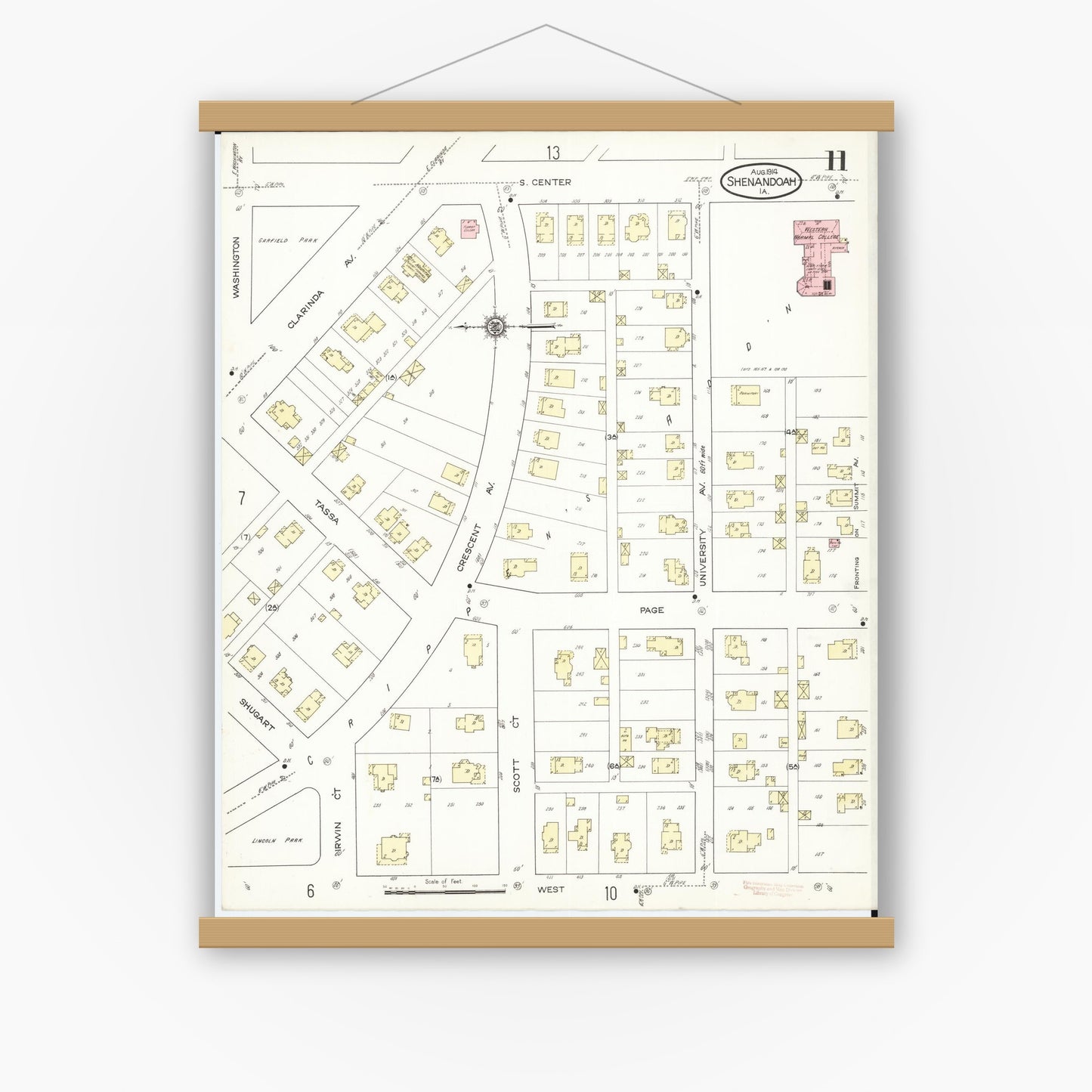 Old map wall art mockup — magnetic wood frame on white wall — Sanborn Fire Insurance Map from Shenandoah, Page County, Iowa (1914), Sheet #0011