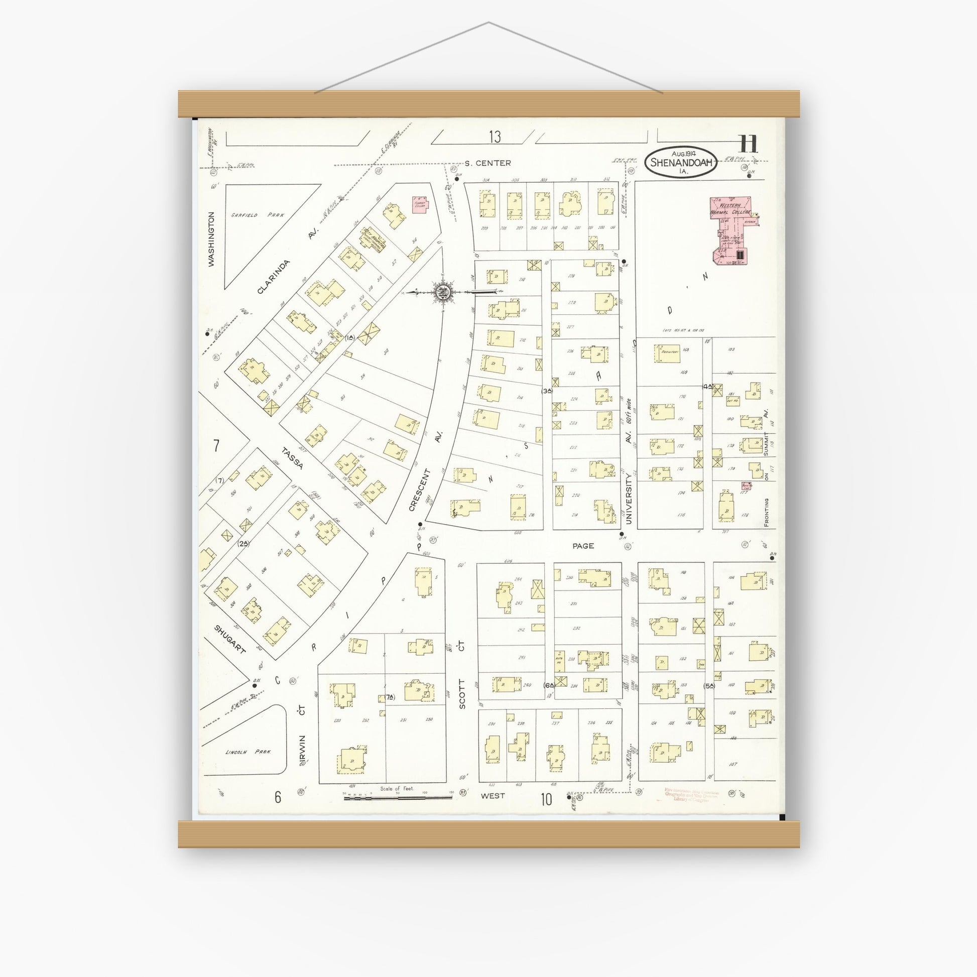 Old map wall art mockup — magnetic wood frame on white wall — Sanborn Fire Insurance Map from Shenandoah, Page County, Iowa (1914), Sheet #0011