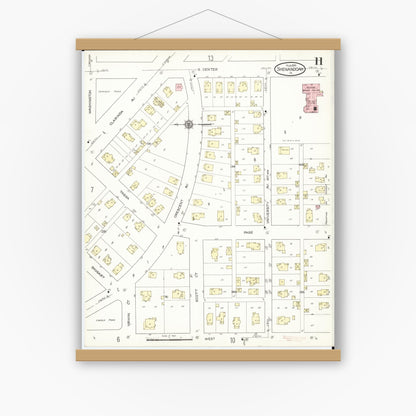Old map wall art mockup — magnetic wood frame on white wall — Sanborn Fire Insurance Map from Shenandoah, Page County, Iowa (1914), Sheet #0011