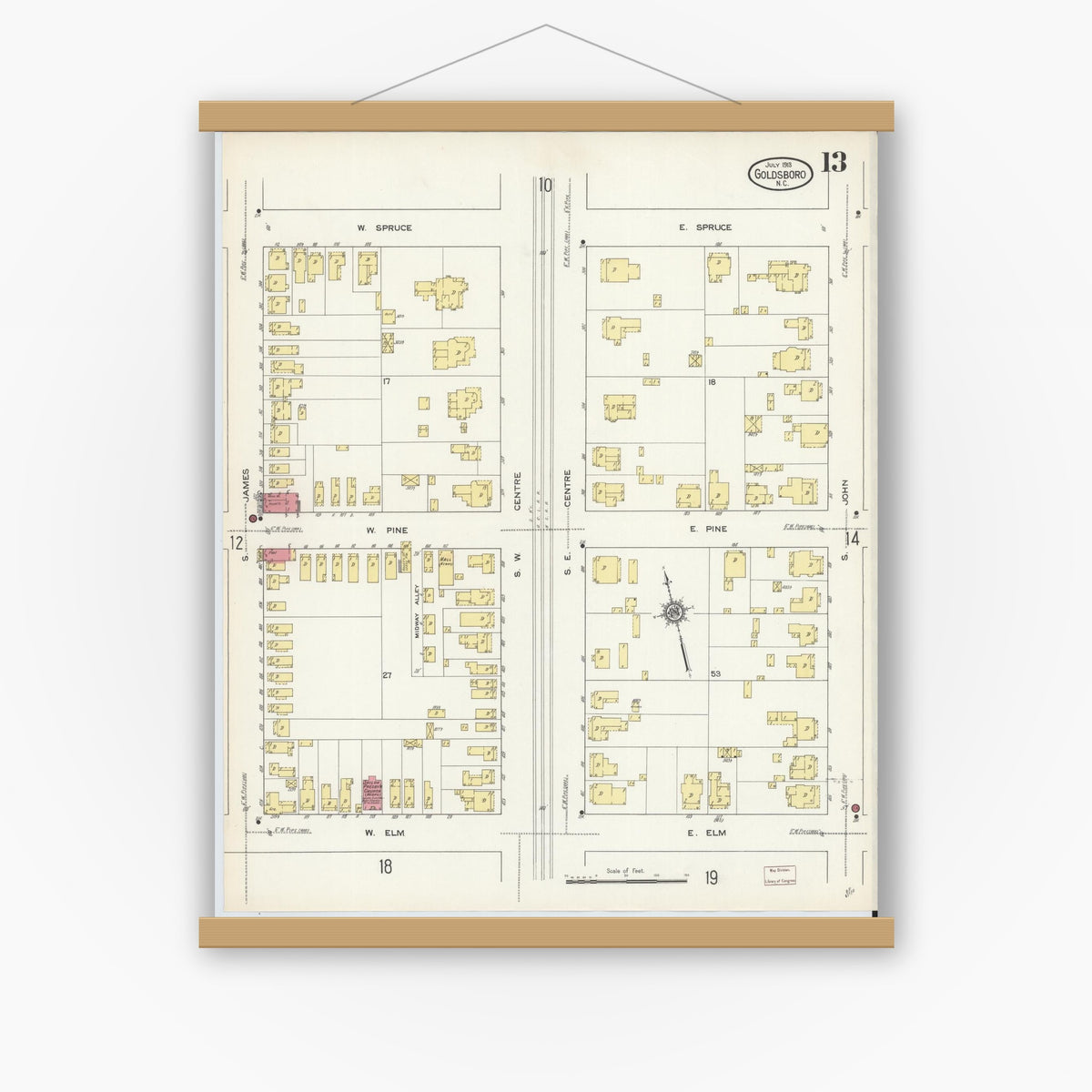 Old map wall art mockup — magnetic wood frame on white wall — Sanborn Fire Insurance Map from Goldsboro, Wayne County, North Carolina (1913), Sheet #0013
