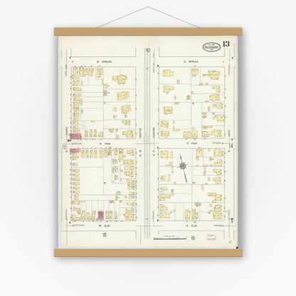 Old map wall art mockup — magnetic wood frame on white wall — Sanborn Fire Insurance Map from Goldsboro, Wayne County, North Carolina (1913), Sheet #0013