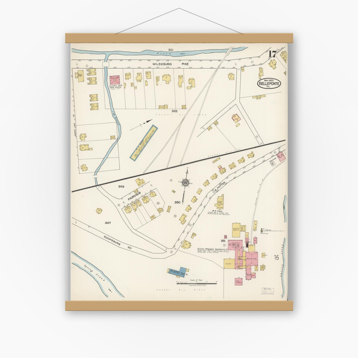 Old map wall art mockup — magnetic wood frame on white wall — Sanborn Fire Insurance Map from Bellefonte, Centre County, Pennsylvania (1922), Sheet #0017