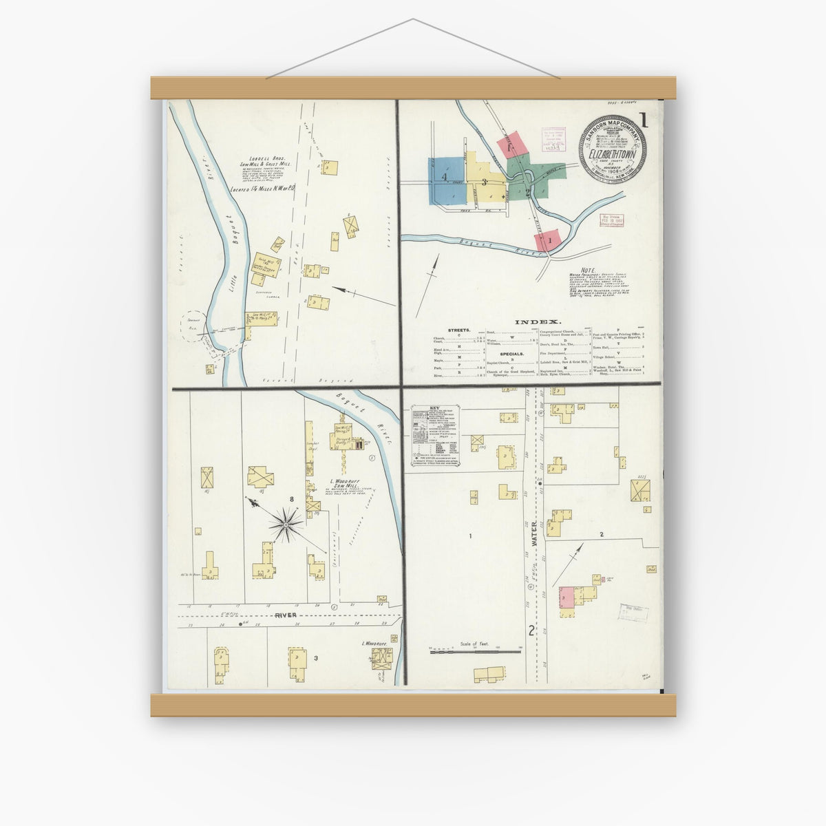 Old map wall art mockup — magnetic wood frame on white wall — Sanborn Fire Insurance Map from Elizabethtown, Essex County, New York (1906), Sheet #0001
