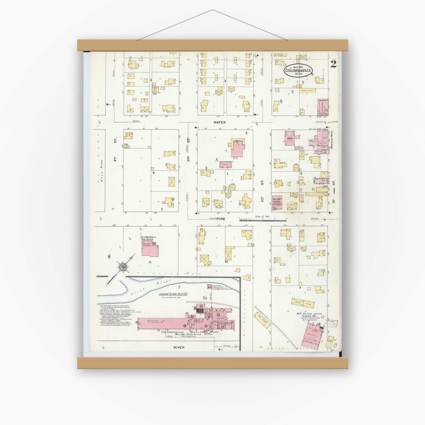 Old map wall art mockup — magnetic wood frame on white wall — Sanborn Fire Insurance Map from Columbiaville, Lapeer County, Michigan (1910), Sheet #0002