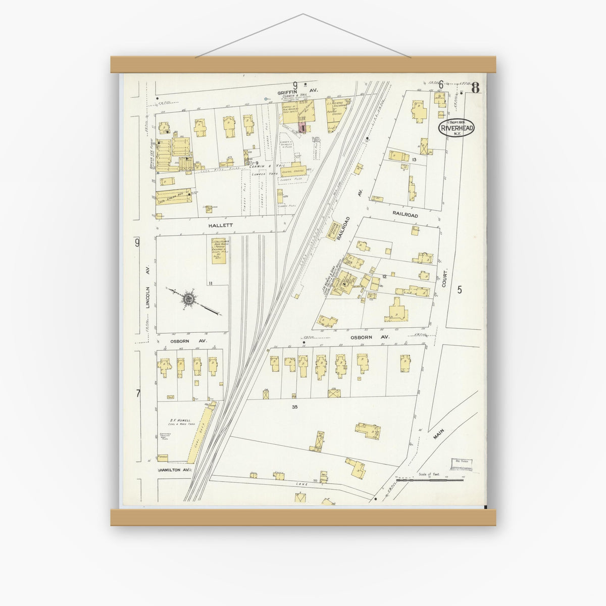 Old map wall art mockup — magnetic wood frame on white wall — Sanborn Fire Insurance Map from Riverhead, Suffolk County, New York (1909), Sheet #0008