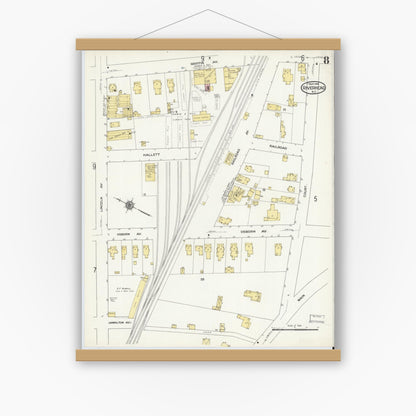 Old map wall art mockup — magnetic wood frame on white wall — Sanborn Fire Insurance Map from Riverhead, Suffolk County, New York (1909), Sheet #0008