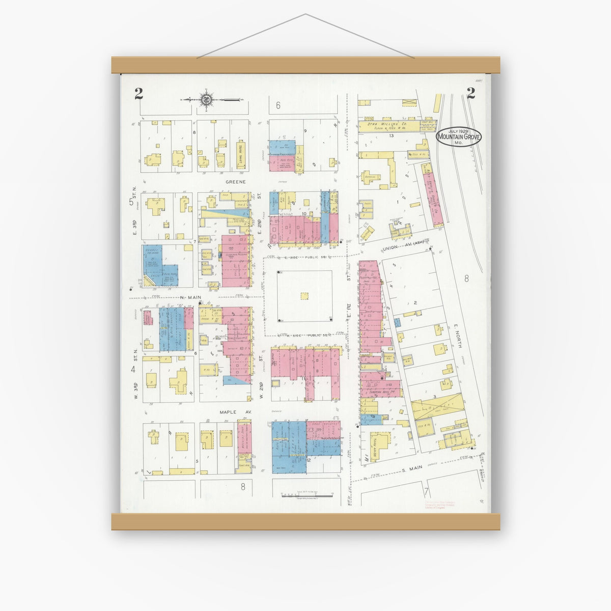 Old map wall art mockup — magnetic wood frame on white wall — Sanborn Fire Insurance Map from Mountain Grove, Wright County, Missouri (1929), Sheet #0002