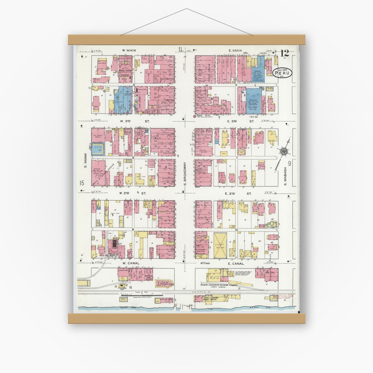 Old map wall art mockup — magnetic wood frame on white wall — Sanborn Fire Insurance Map from Peru, Miami County, Indiana (1920), Sheet #0012