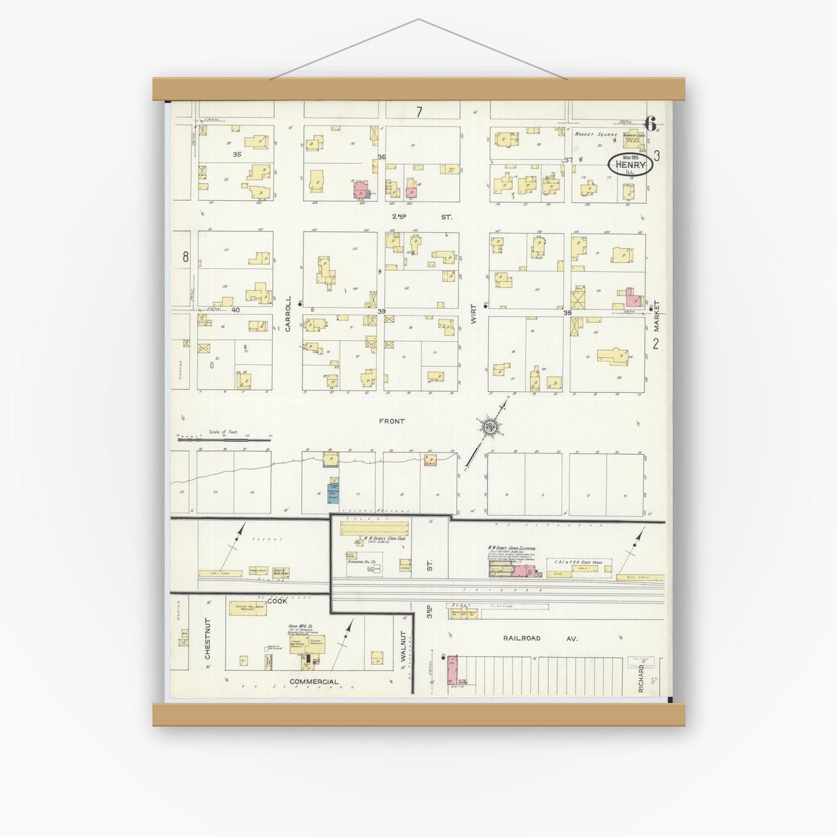 Old map wall art mockup — magnetic wood frame on white wall — Sanborn Fire Insurance Map from Henry, Marshall County, Illinois (1913), Sheet #0006