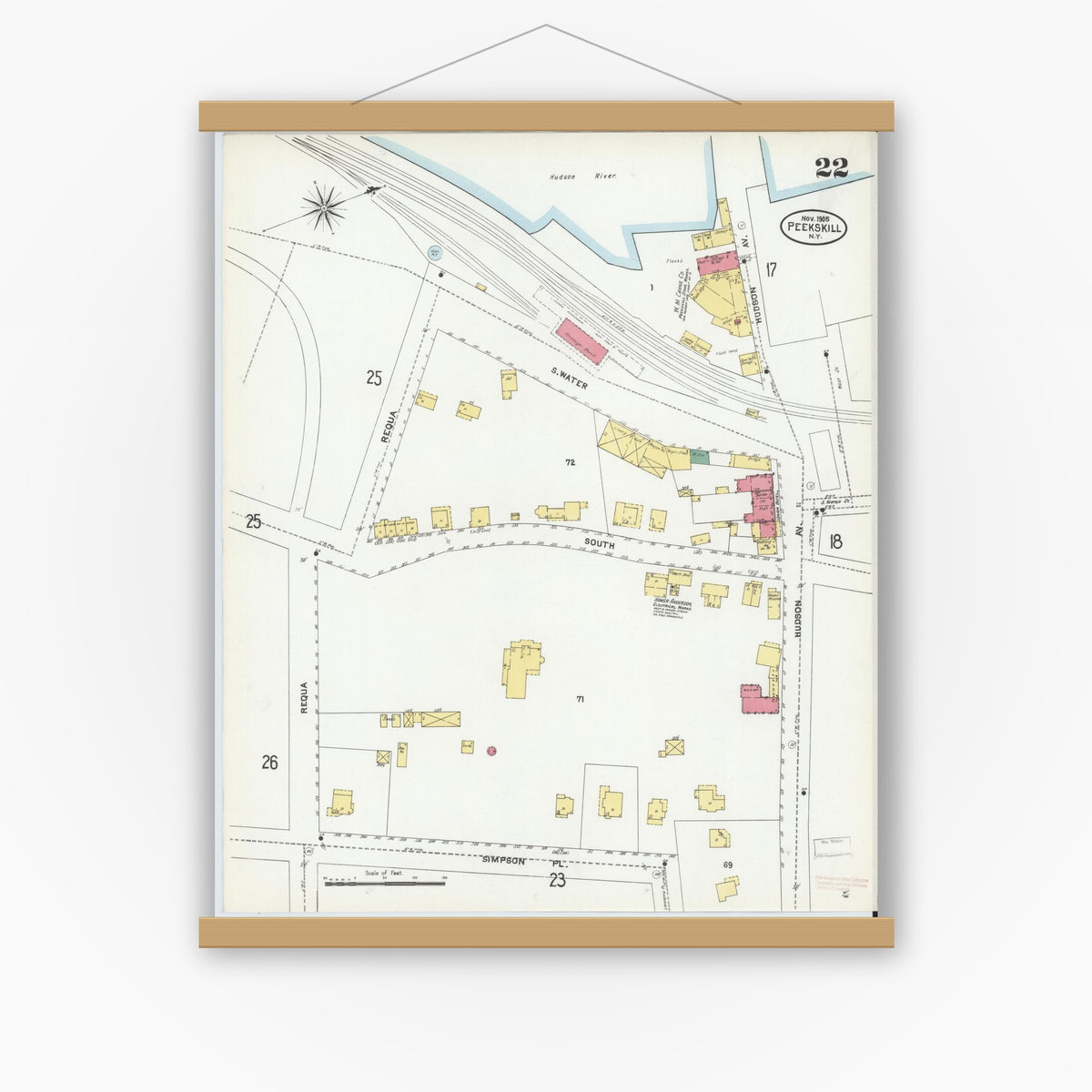 Old map wall art mockup — magnetic wood frame on white wall — Sanborn Fire Insurance Map from Peekskill, Westchester County, New York (1905), Sheet #0022