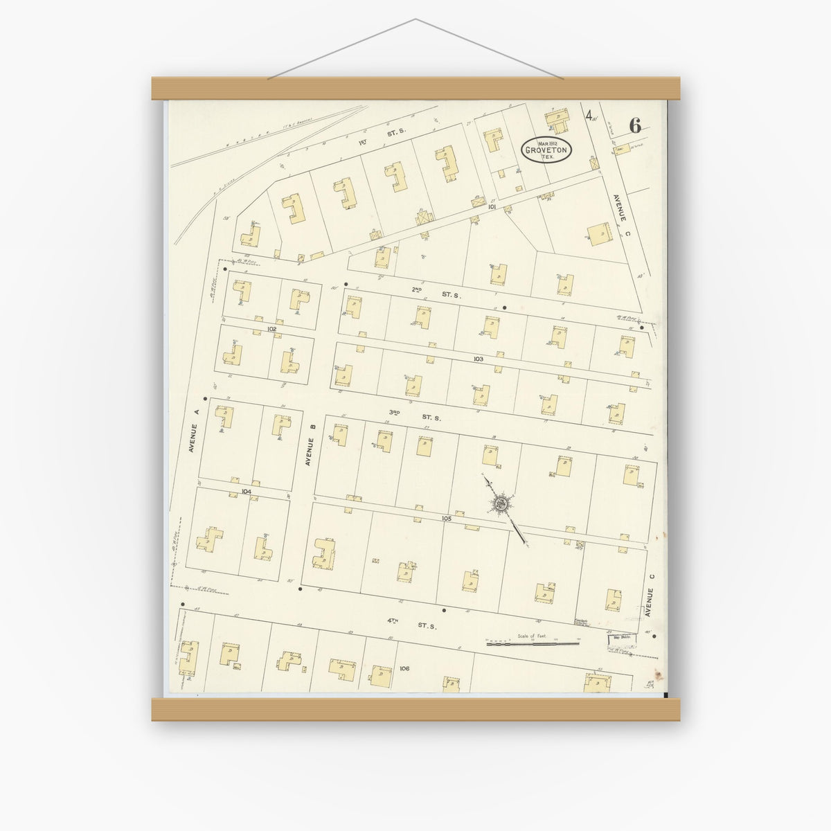 Old map wall art mockup — magnetic wood frame on white wall — Sanborn Fire Insurance Map from Groveton, Trinity County, Texas (1912), Sheet #0006