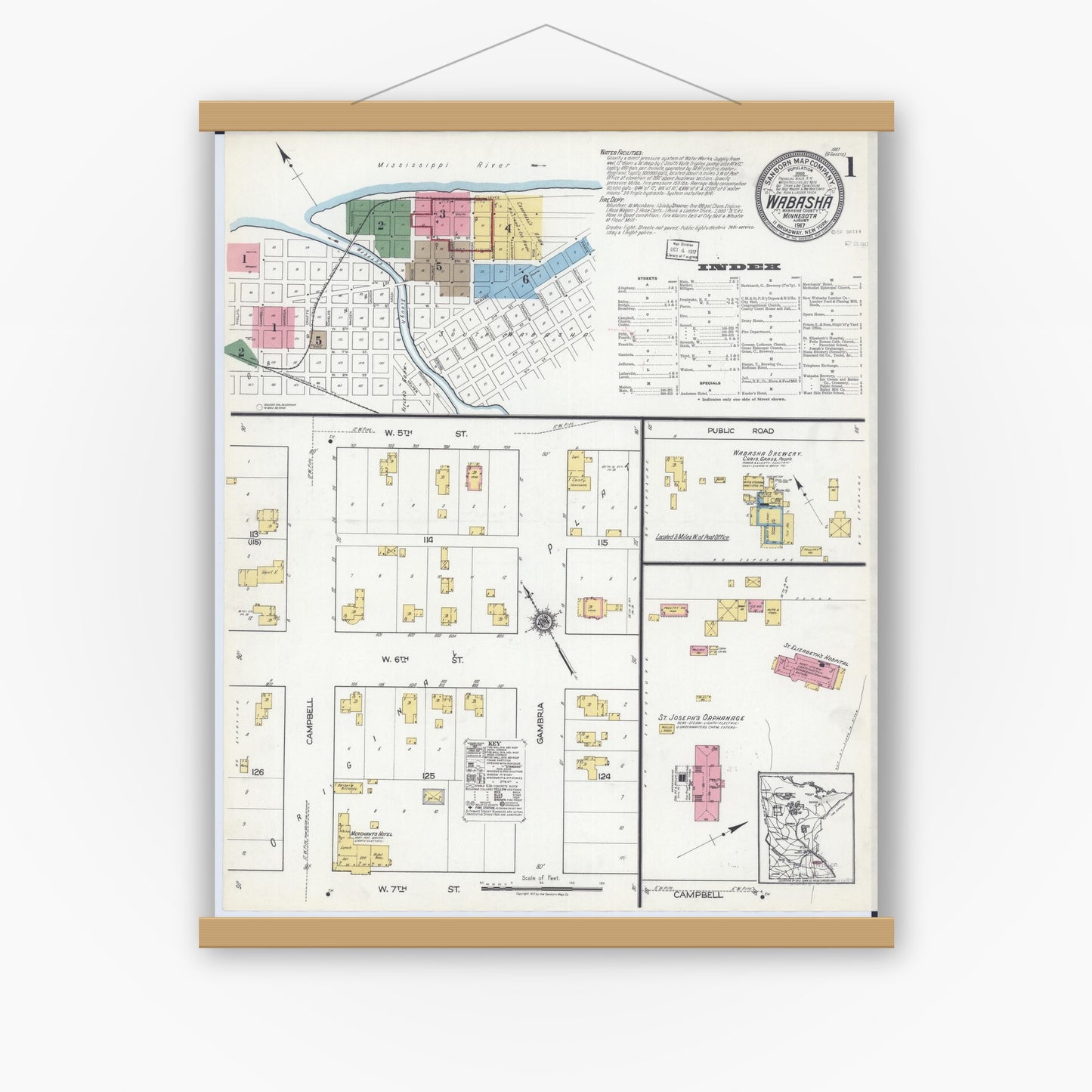 Old map wall art mockup — magnetic wood frame on white wall — Sanborn Fire Insurance Map from Wabasha, Wabasha County, Minnesota (1917) - Complete Map Set