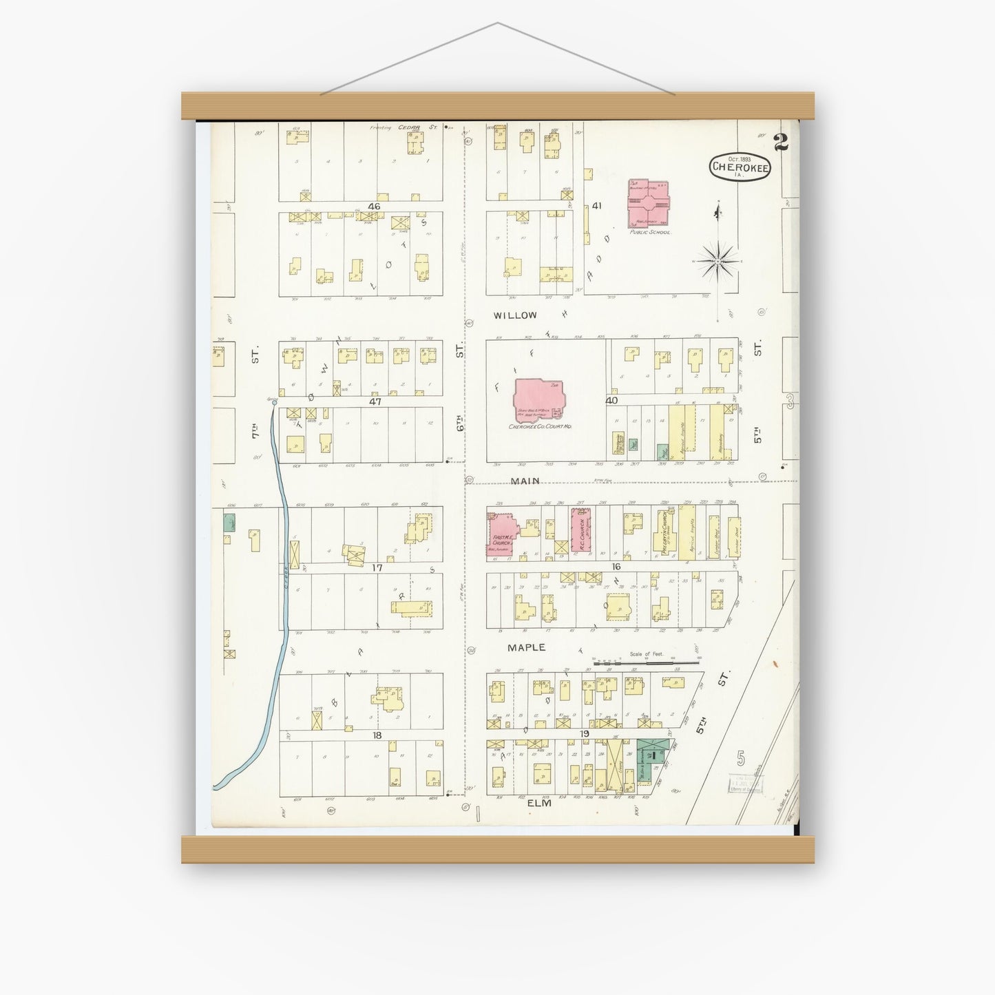 Old map wall art mockup — magnetic wood frame on white wall — Sanborn Fire Insurance Map from Cherokee, Cherokee County, Iowa (1893), Sheet #0002