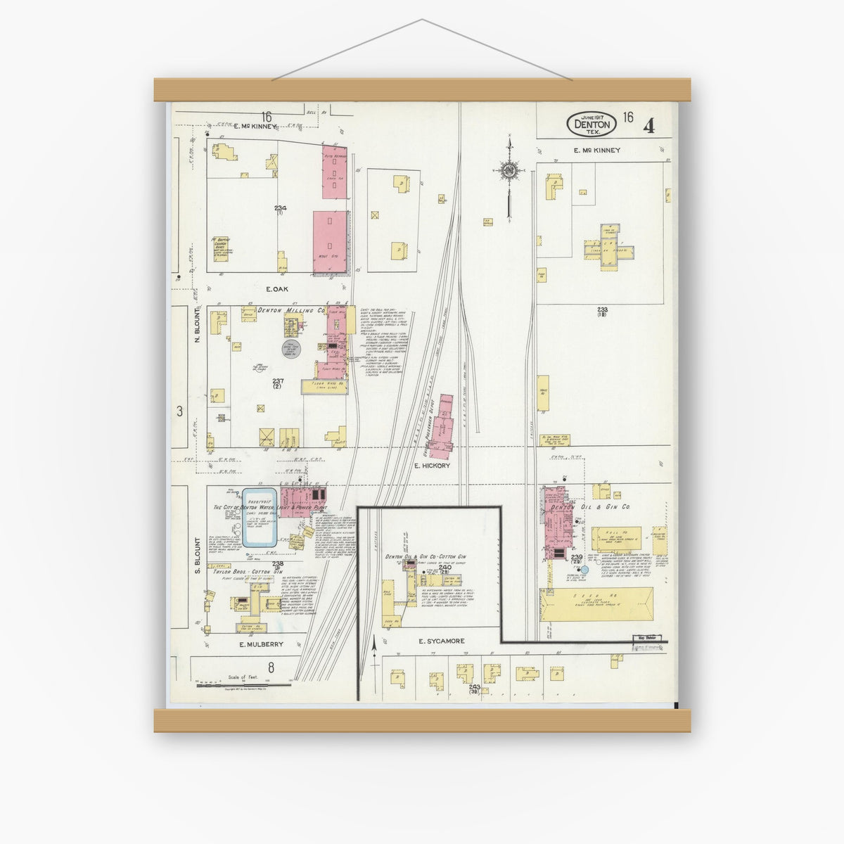 Old map wall art mockup — magnetic wood frame on white wall — Sanborn Fire Insurance Map from Denton, Denton County, Texas (1917), Sheet #0004