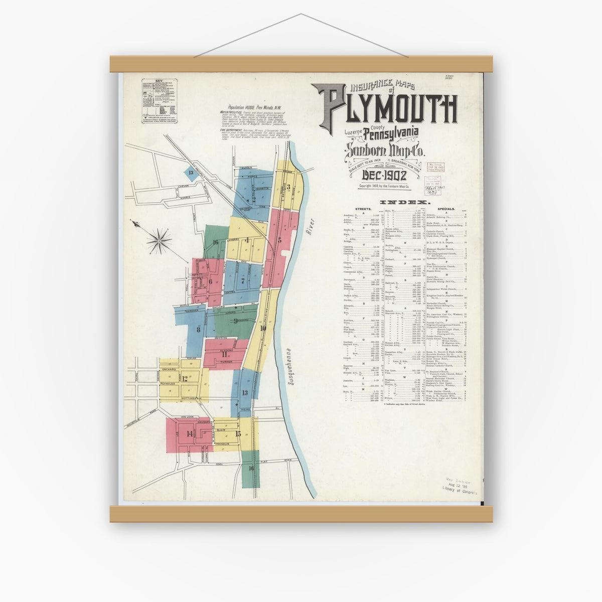 Old map wall art mockup — magnetic wood frame on white wall — Sanborn Fire Insurance Map from Plymouth, Luzerne County, Pennsylvania (1902) - Complete Map Set