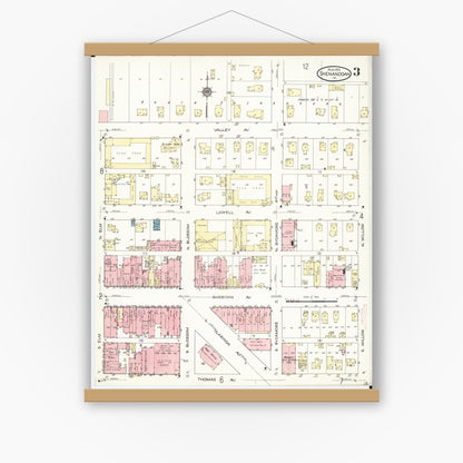 Old map wall art mockup — magnetic wood frame on white wall — Sanborn Fire Insurance Map from Shenandoah, Page County, Iowa (1914), Sheet #0003