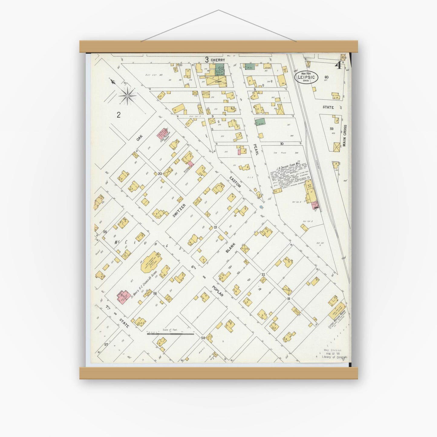 Old map wall art mockup — magnetic wood frame on white wall — Sanborn Fire Insurance Map from Leipsic, Putnam County, Ohio (1900), Sheet #0004