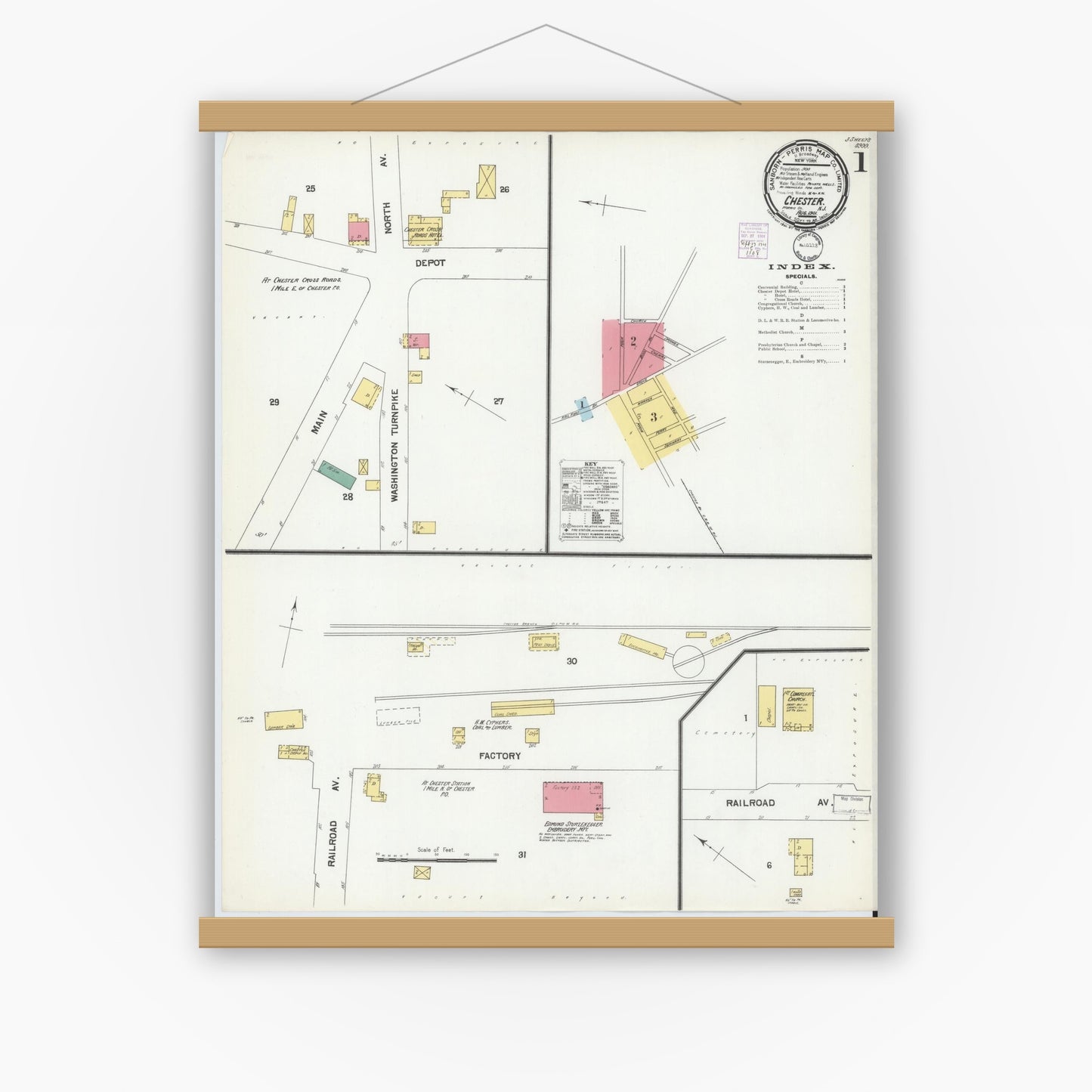 Old map wall art mockup — magnetic wood frame on white wall — Sanborn Fire Insurance Map from Chester, Morris County, New Jersey (1901), Sheet #0001
