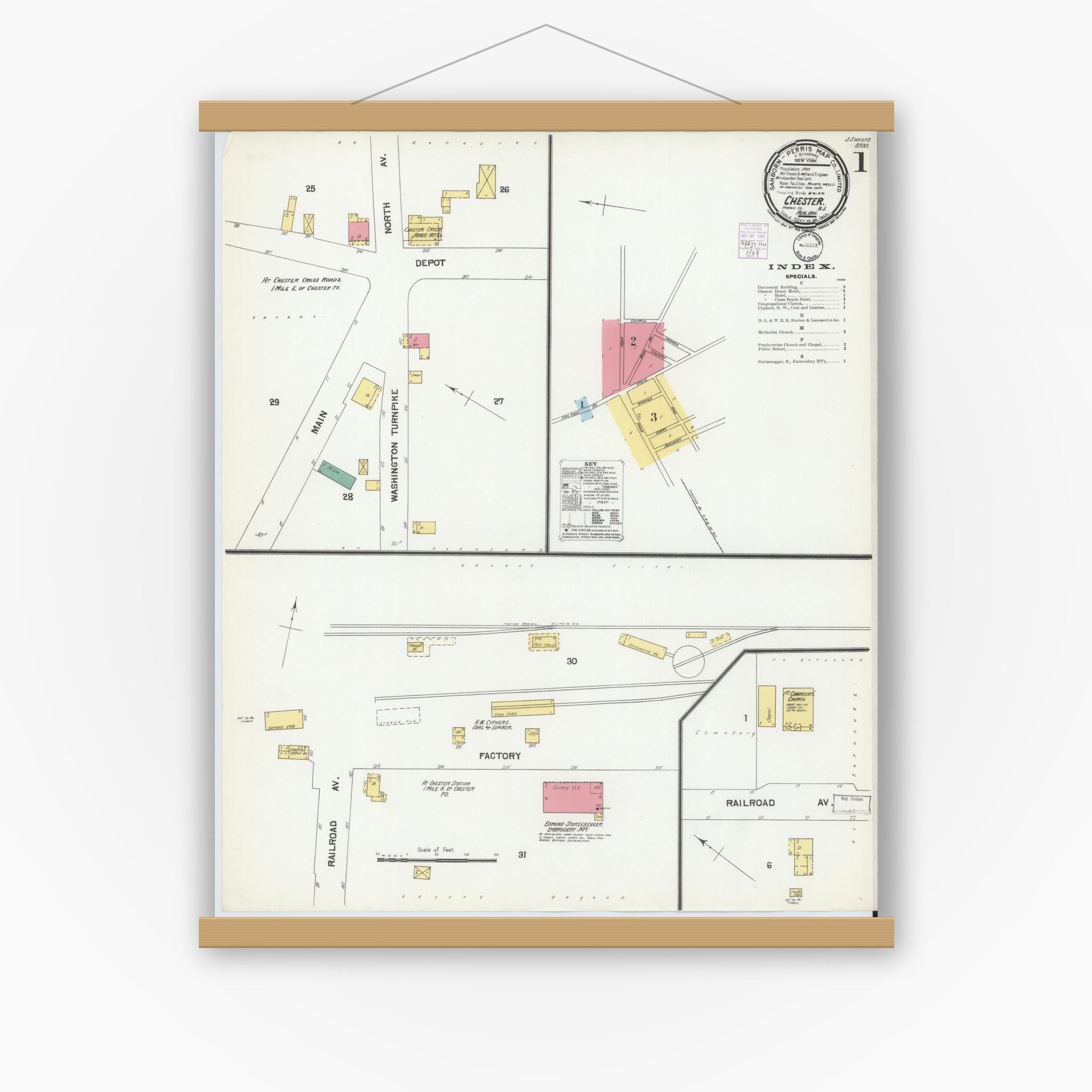Old map wall art mockup — magnetic wood frame on white wall — Sanborn Fire Insurance Map from Chester, Morris County, New Jersey (1901), Sheet #0001