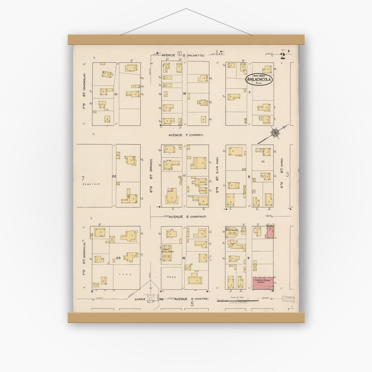 Old map wall art mockup — magnetic wood frame on white wall — Sanborn Fire Insurance Map from Apalachicola, Franklin County, Florida (1922), Sheet #0002
