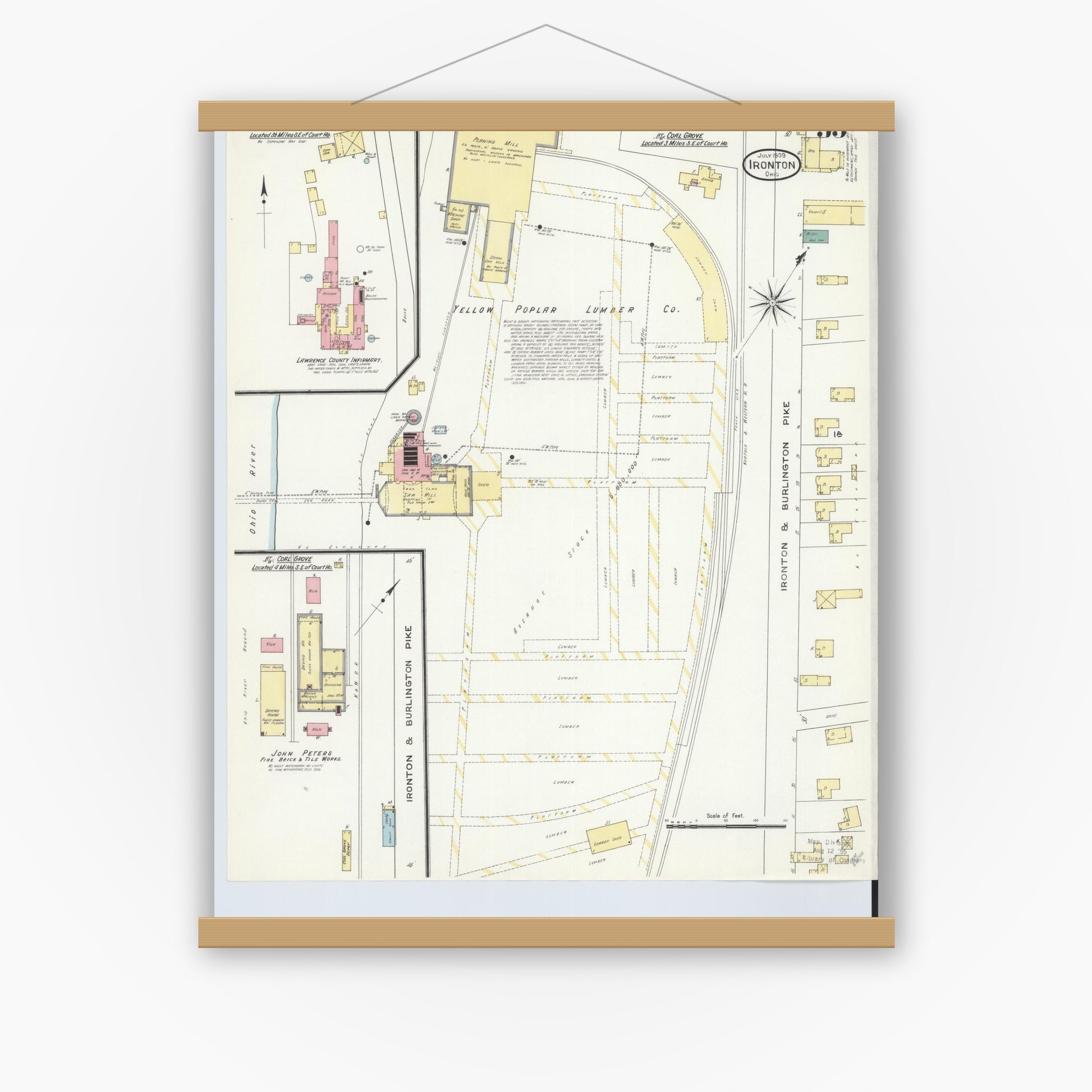 Old map wall art mockup — magnetic wood frame on white wall — Sanborn Fire Insurance Map from Ironton, Lawrence County, Ohio (1909), Sheet #0033