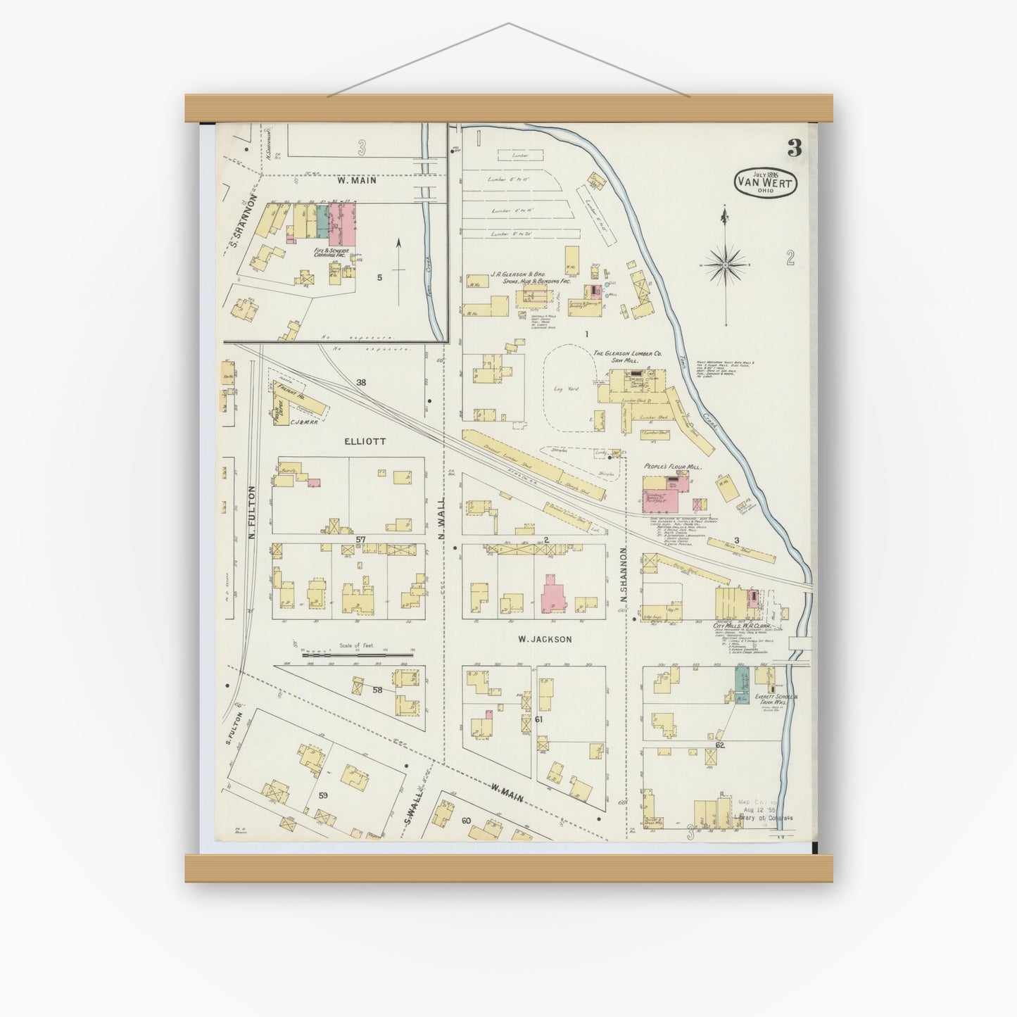 Old map wall art mockup — magnetic wood frame on white wall — Sanborn Fire Insurance Map from Van Wert, Van Wert County, Ohio (1895), Sheet #0003